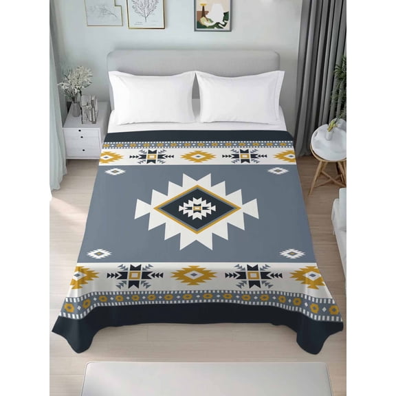 Grey Geometric Queen Size Flat Sheet, Wrinkleproof & Fadeproof Cooling Flat Bed Sheet Only, Boho Aztec Southwest Abstract Plaid Breathable Soft Bedding Top Sheets 90 x 102 Inches