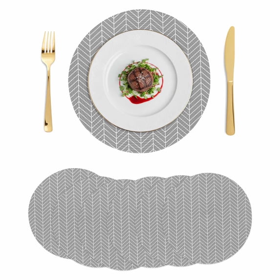Grey Geometric Round 13 Inch Placemats Set of 6, Modern Pure Color Abstract Striped HeatResistant Non Slip Place Mats for Dining Table, Wipeable Braided Kitchen Table Mats for Housewarming