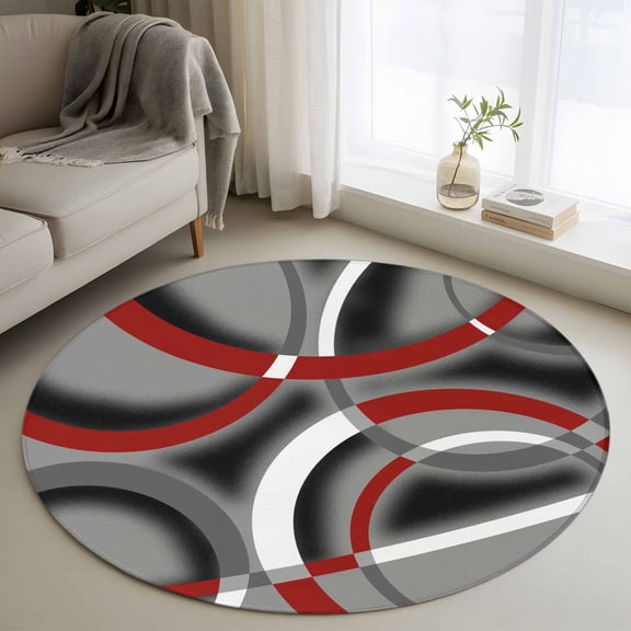Grey Geometric Round Area Rug 4 FT, Non Slip Indoor Outdoor Rug, Modern Abstract Black White Red Striped Washable Soft Circular Carpet Non-Shedding Floor Mat for Coffee Table Nursery Foyer Balcony