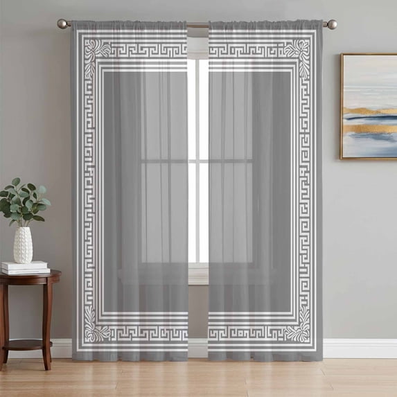 Grey Geometric Semi Sheer Curtains 63 Inch Length 2 Panels Set, Bohemia Tribal Farm Tribal Patterned Sheer Kitchen Curtain Privacy Voile Window Curtain for Living Room Bedroom Rod Pocket Drapes