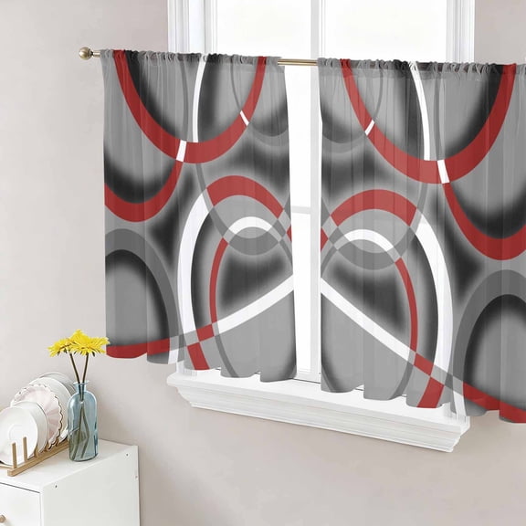 Grey Geometric Semi Sheer Window Curtains 54 Inches Long, Modern Abstract Black White Red Striped Rod Pocket Voile Silky Chiffon Curtain Light Filtering Drapes for Living Room, 52"x54", 2 Panels