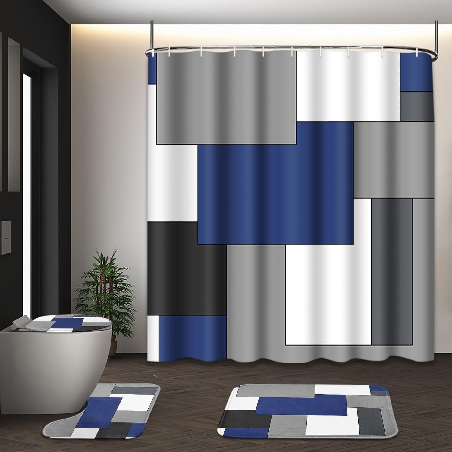 Grey Geometric Shower Curtain Set with Toilet Lid Cover and Non-Slip Rugs for Bathroom, Black White Checkered 4 Pcs Shower Curtain, Modern Abstract Bathroom Set with 12 Hooks