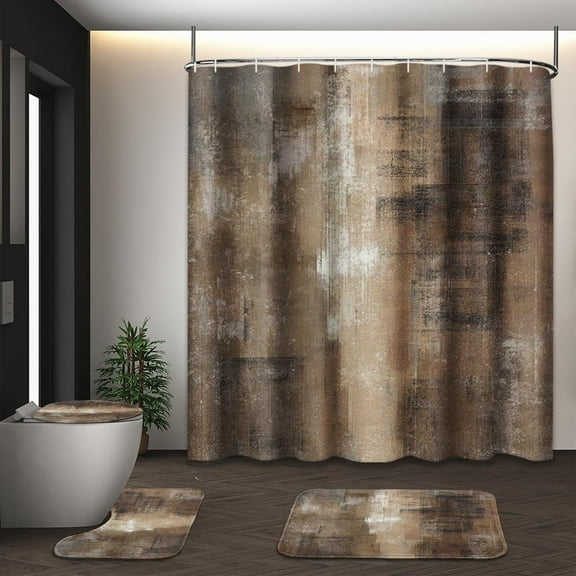 Brown Abstract Shower Curtain Set with Toilet Lid Cover and Non-Slip Rugs for Bathroom, Modern Painting Art 4 Pcs Shower Curtain, Vintage Grey White Bathroom Set with 12 Hooks