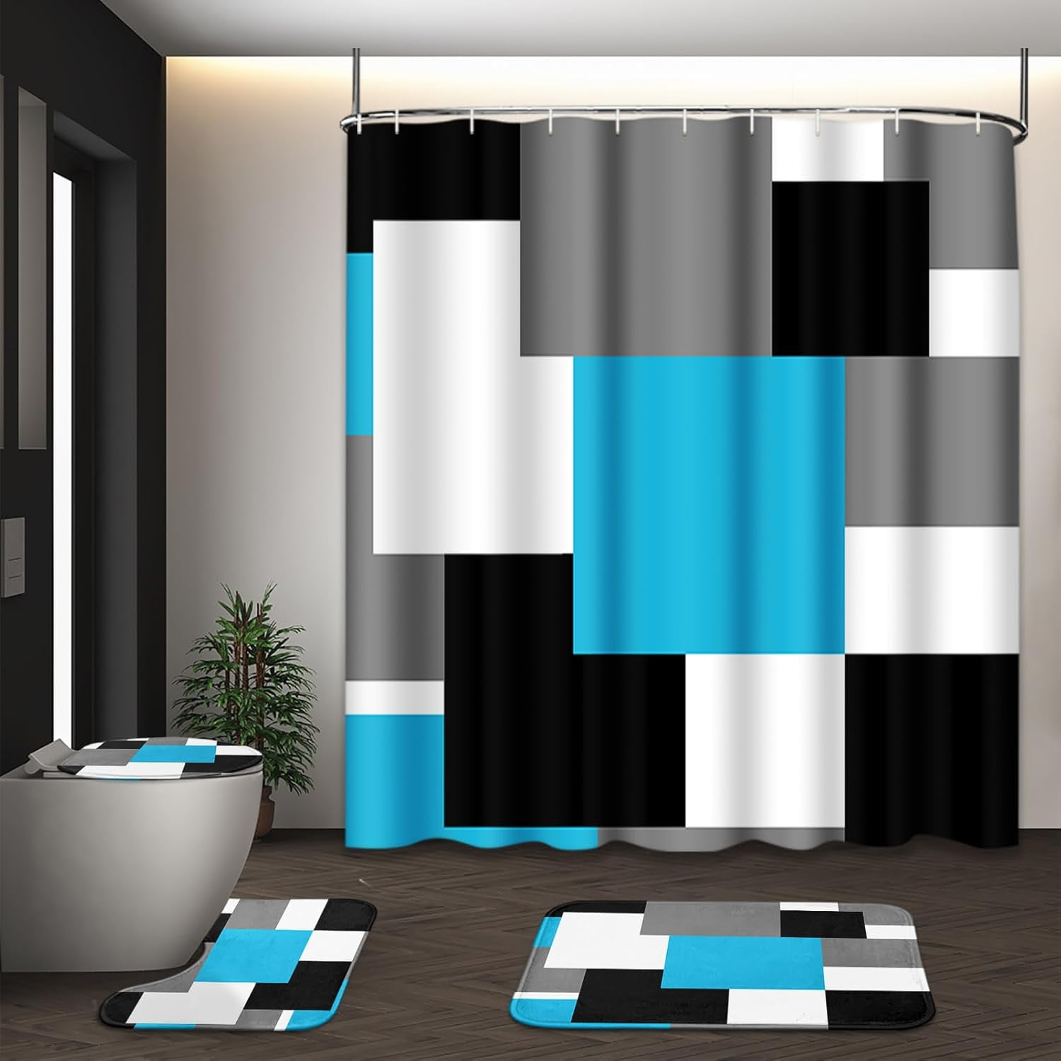 Grey Geometric Shower Curtain Set with Toilet Lid Cover and Non-Slip Rugs for Bathroom, Black White Checkered 4 Pcs Shower Curtain, Modern Abstract Bathroom Set with 12 Hooks