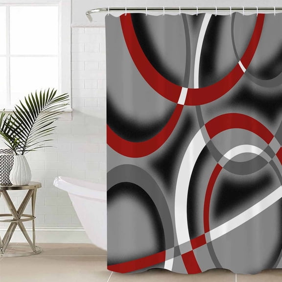 Grey Geometric Shower Curtain Set, Waterproof Shower Curtains for Bathroom, Modern Abstract Black White Red Striped Washable Fabric Cloth Bath Curtain for Bathtub Decoration with Hooks 72x78 Inches