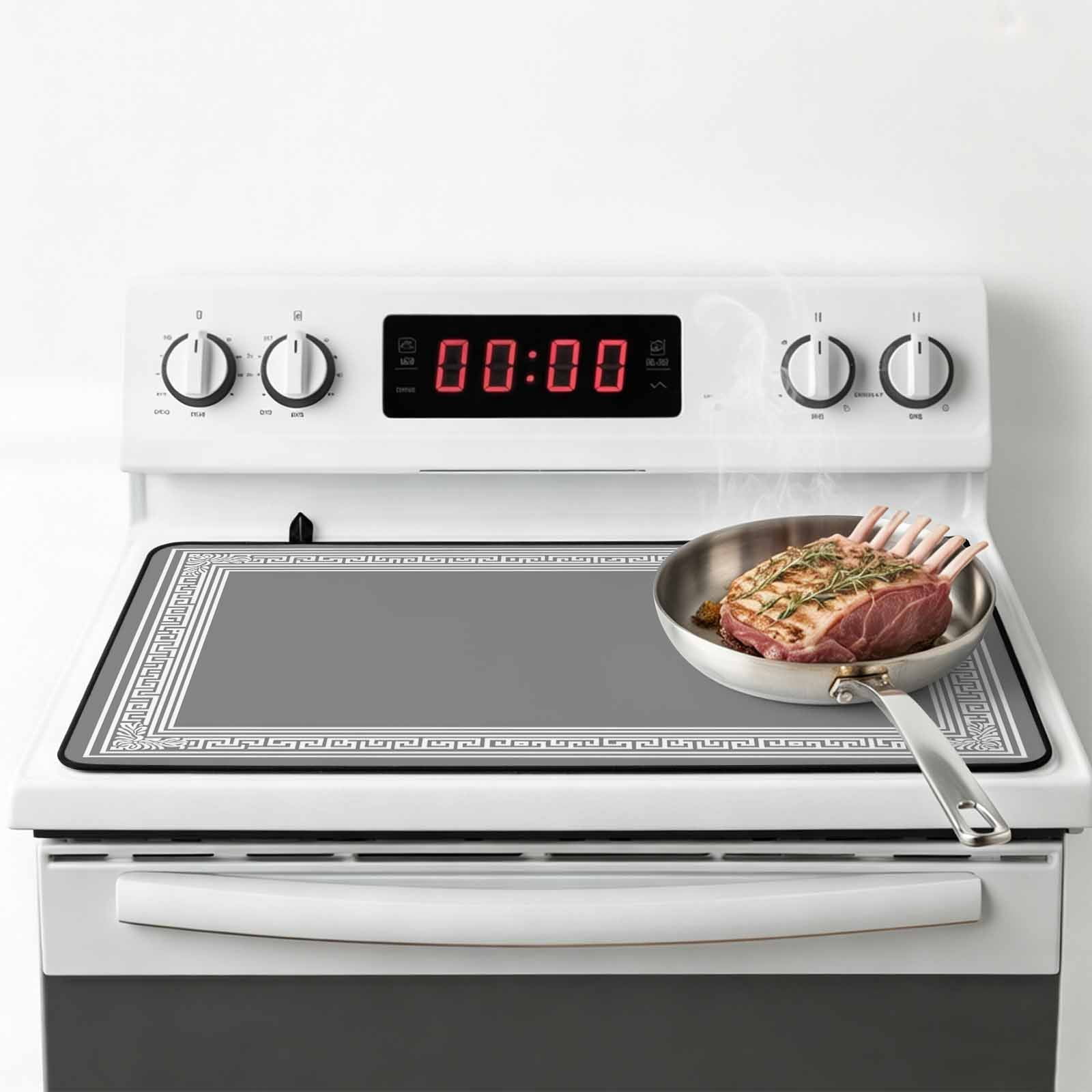 Grey Geometric Stove Top Cover for Electric Stove, Heat-proof & Non Slip Glass Top Stove Cover Protector, Bohemia Tribal Farm Tribal Patterned Kitchen Flat Cooktop Rubber Mat 31x24 Inches