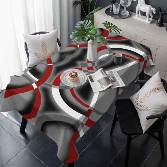 Grey Geometric Table Cloth Waterproof Tablecloths, Modern Abstract Black White Red Striped Tablecloth Dining Table Cover for Kitchen Party Tabletop Outdoor, Rectangle Tablecloth 54x108 Inch