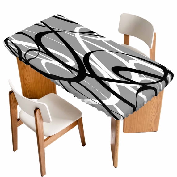 Grey Geometric Table Cloths for 4 Foot Rectangle Tables, Retro Black White Abstract Striped Lines Patio Waterproof Elastic Fitted Tablecloths, Washable Rectangular Table Cover for Camping