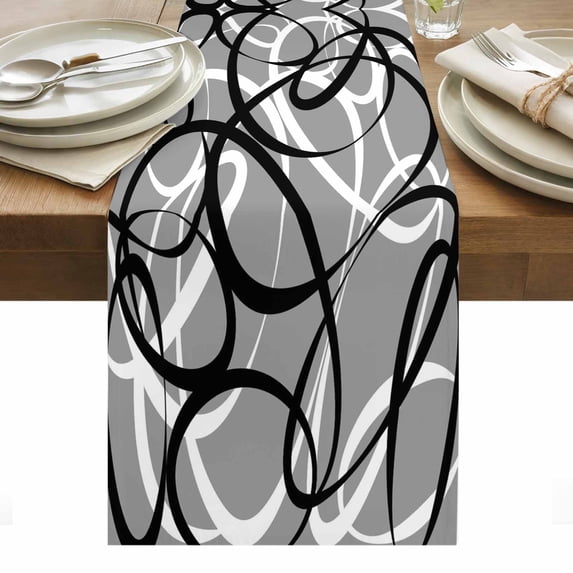 Grey Geometric Table Runner - 108 Inch Long, Kitchen Dining Table Runner Dresser Scarves, Retro Black White Abstract Striped Lines Farmhouse Decor for Coffee Tables Wedding Party Banquet