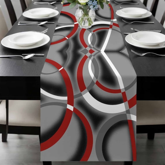 Grey Geometric Table Runner 36 Inches Long, Modern Abstract Black White Red Striped Kitchen Coffee Dining Table Decoration for Home Party Birthday Wedding Home Decor 13x36 Inches