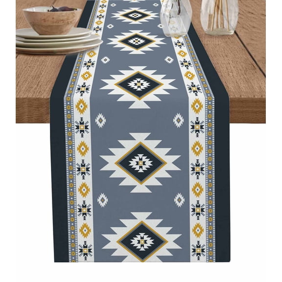 Grey Geometric Table Runner 70 Inches, Boho Aztec Southwest Abstract Plaid Bed Runner Dresser Scarves Tabletop for Indoor Outdoor Parties/Ceremony/Banquet, 13" x 70"
