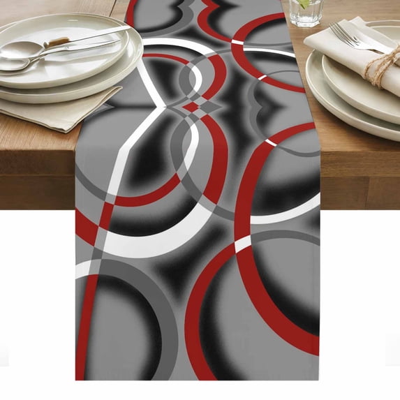 Grey Geometric Table Runner - 72 Inch Long, Kitchen Dining Table Runner Dresser Scarves, Modern Abstract Black White Red Striped Farmhouse Decor for Coffee Tables Wedding Party Banquet