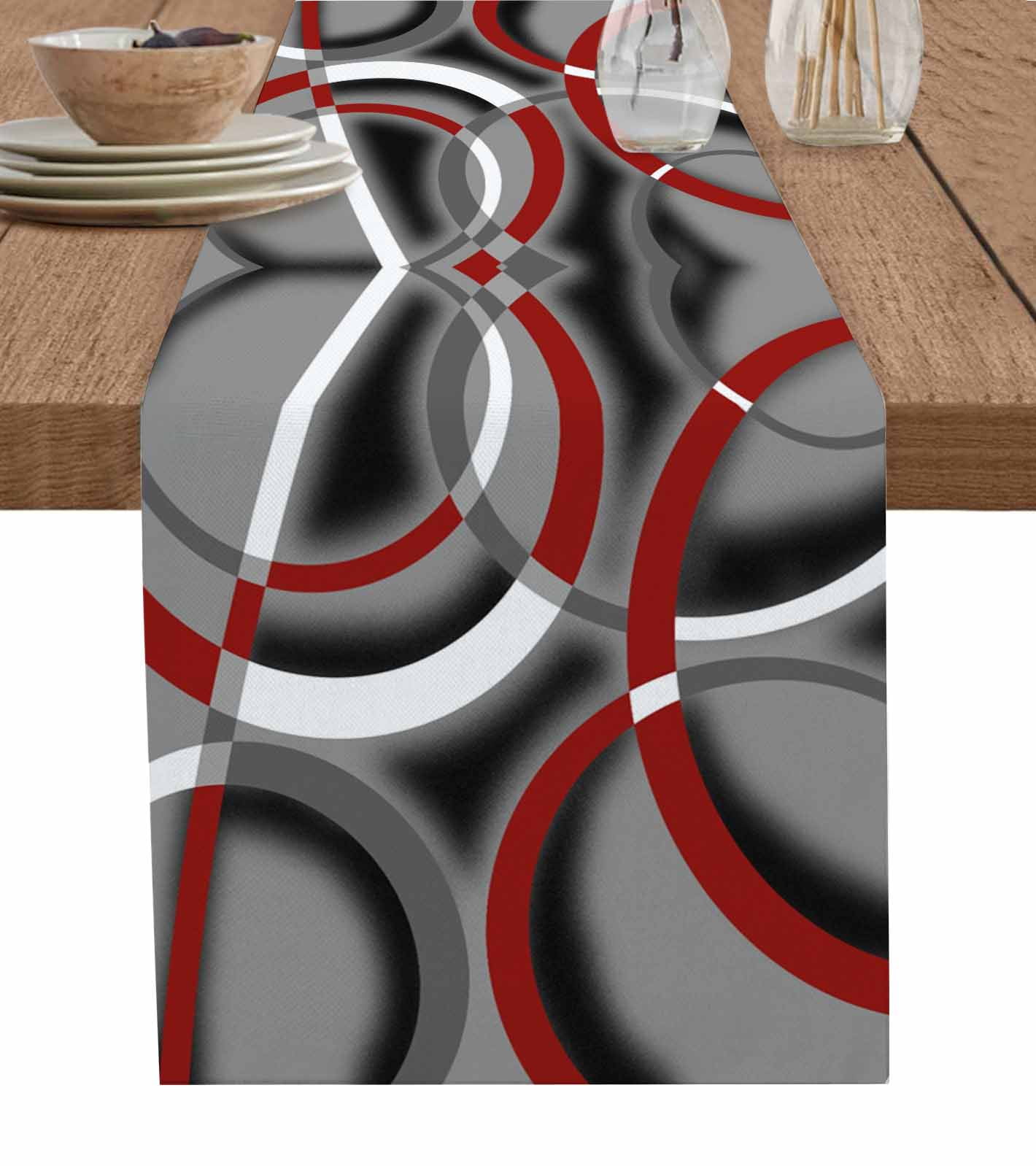 Grey Geometric Table Runner 72 Inches, Modern Abstract Black White Red Striped Bed Runner Dresser Scarves Tabletop for Indoor Outdoor Parties/Ceremony/Banquet, 16" x 72"