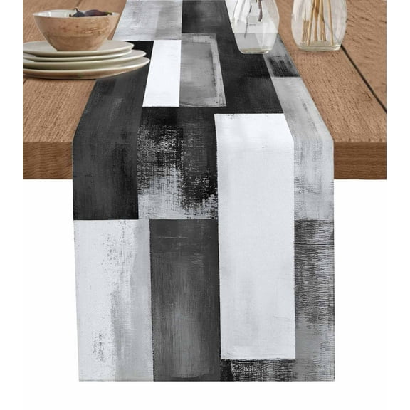 Grey Geometric Table Runner Cotton Linen 72 Inch Holiday Dresser Scarves,Vintage Oil Painting Contemporary Tablerunner for Kitchen Coffee Dining Bedroom Home Living Room Dinner Scarf Décor 13''x72''