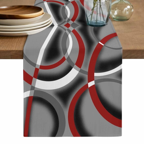 Grey Geometric Table Runner, Modern Abstract Black White Red Striped Washable Cotton Linen Table Runners 36 Inches Long, Dresser Scarf Runner for Nightstand/End Tables/Round Tables 13''x36''