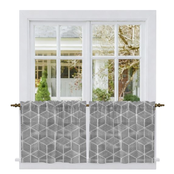 Grey Geometric Tier Curtains 24 Inch Length, Checkered Modern Abstract Art Cafe Short Curtains for Bathroom Over Sink, Small Kitchen Curtain Light Filtering Tiered Drapes 2 Panels 27.5"Wx24"L