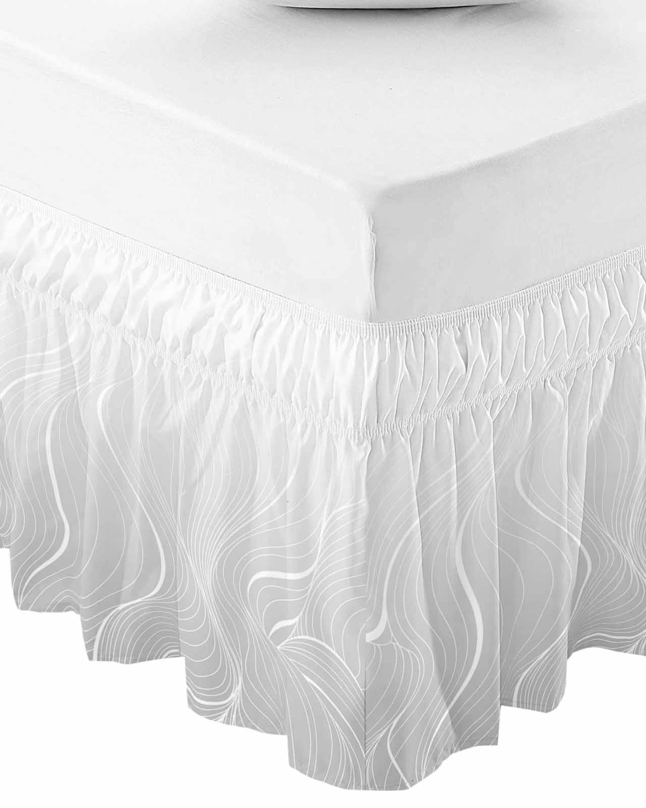 Grey Geometric Wrap Around Bed Skirts for Queen Bed 18" Drop,Bed Skirt with Adjustable Elastic Belt Bedroom Dust Ruffle Bed Valance Hotel Modern White Stripe Abstract Distortion Art Bed Frame Cover