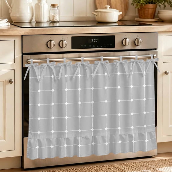 Grey Gingham Oven Skirt for Farmhouse Kitchen Décor, Modern Minimalist Geometric Plaid Oven Curtain Tie Top Decorative Stove Skirt, Cabinet Dish Washer Curtains with 8 Ribbon Ties 27"x20"