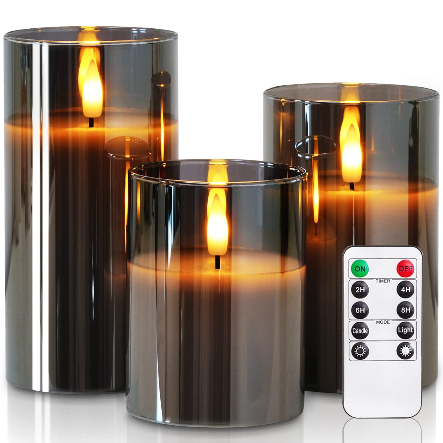 Grey Glass Flameless Candles Battery Operated LED Pillar Candles with