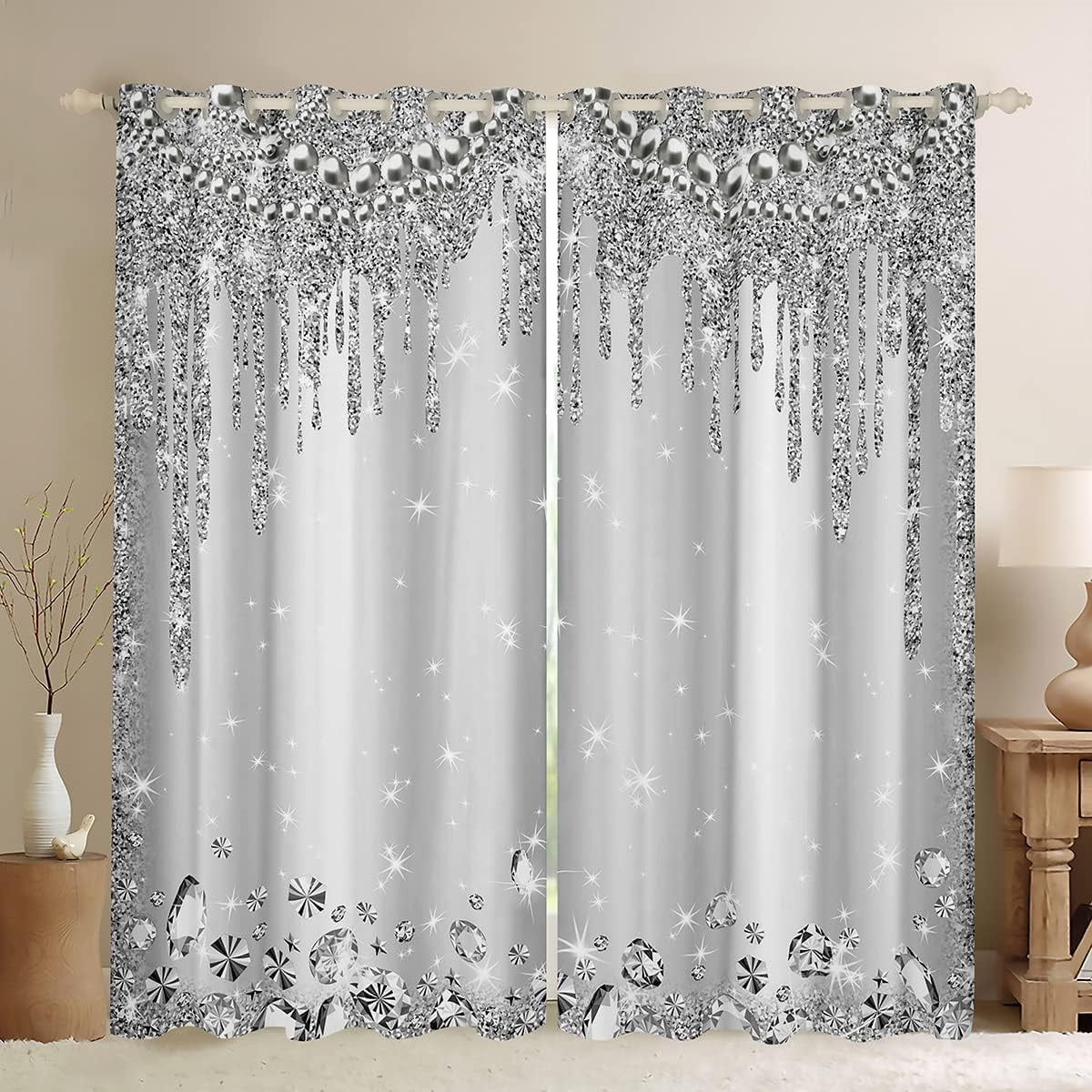 Grey Glitter Curtains Diamond Pearls Silver Window Curtain for Kids ...