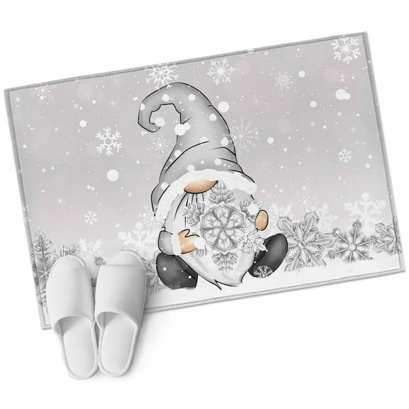 Grey Gnomes Christmas Bathroom Mat 2x3 FT, Non Slip Small Kitchen Mat, Gray Xmas Snowflake Winter Rustic Washable Soft Backed Front Door Throw Rug Indoor Outdoor Doormat for Entryway Sink