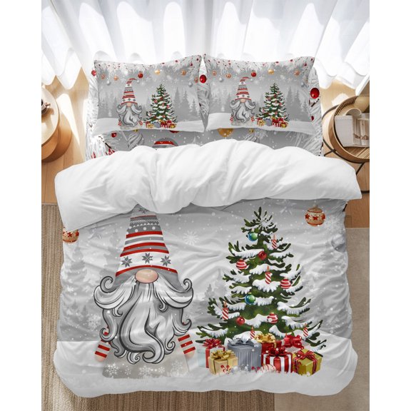 Grey Gnomes Christmas Bedding Duvet Cover Set Queen Size 4 Pieces Xmas Tree Branch Balls Snowflake Bedding Set with Zipper Closure, 1 Comforter Cover 90x90 Inches 1 Flat Sheet & 2 Pillow Cases