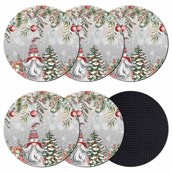 Grey Gnomes Christmas Coasters Set of 6, Absorbent Coasters for Drinks, Red Xmas Balls Snowflake Tree Coaster for Desk Coffee Table Protection, Home Decor House Warming Gifts 4"
