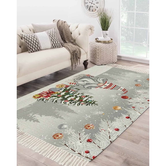 Grey Gnomes Christmas Large Area Rug 4x6ft Woven Runner Rug,Xmas Tree Branch Balls Snowflake Washable Living Room Bedroom Kitchen Bathroom Classroom Carpet with Tassels,Indoor Outdoor Throw Door Mat