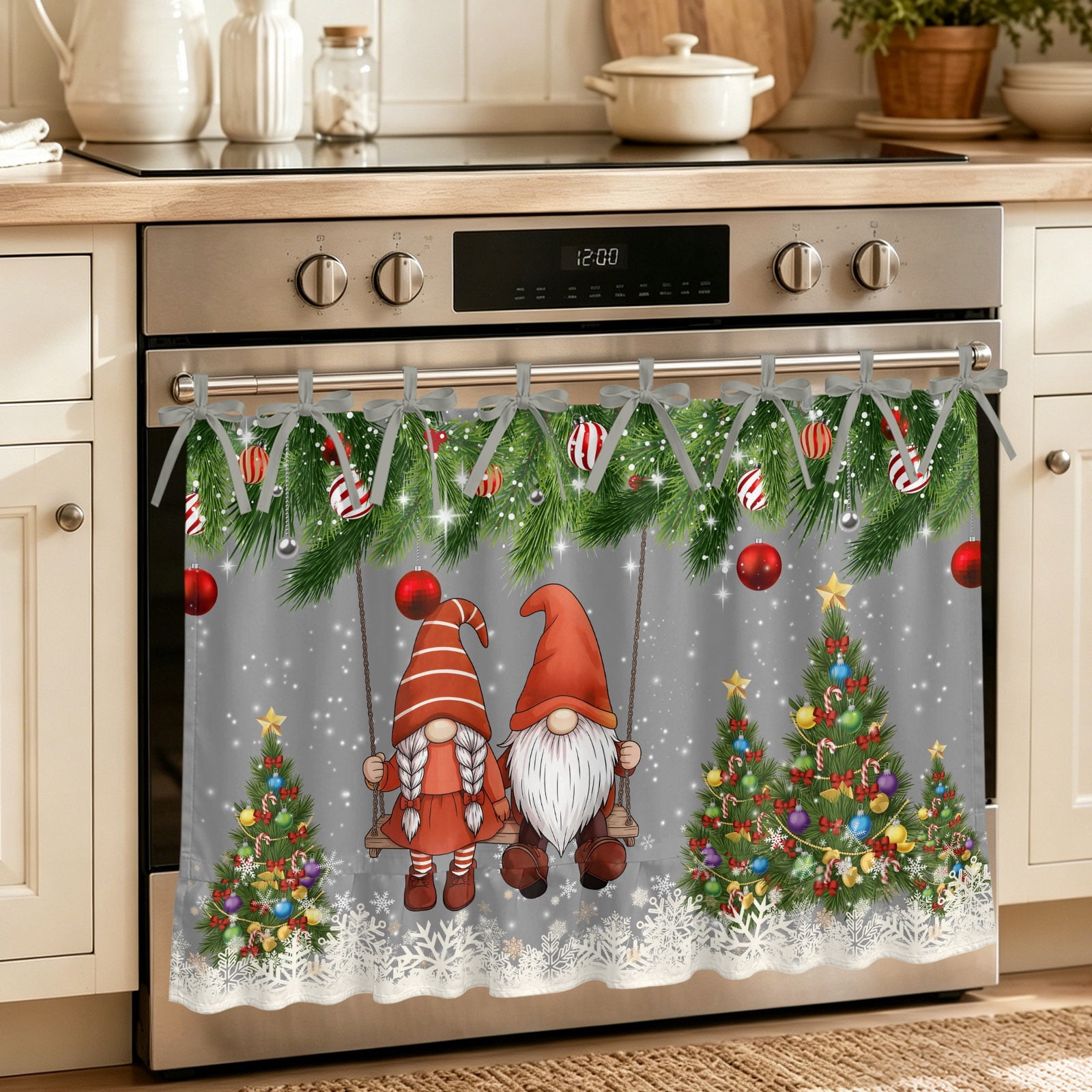 Grey Fall Ribbon Grey Gnomes Christmas Oven Skirt Curtain, Oven Door Curtain with 8 ...