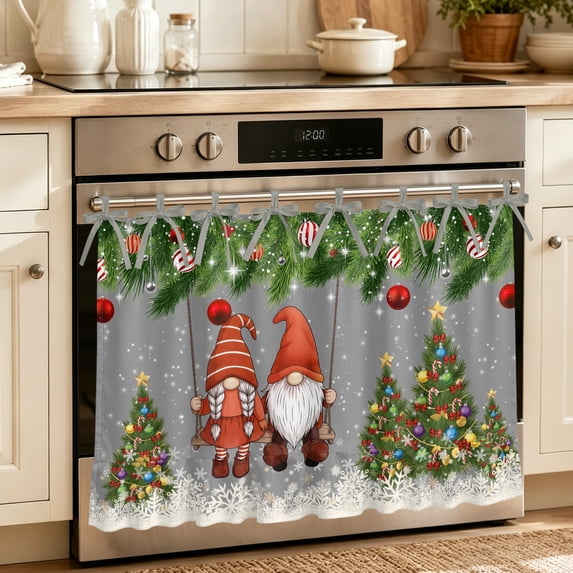 Cream Ruffle Ribbon Grey Gnomes Christmas Oven Skirt Curtain, Oven Door Curtain with 8 ...