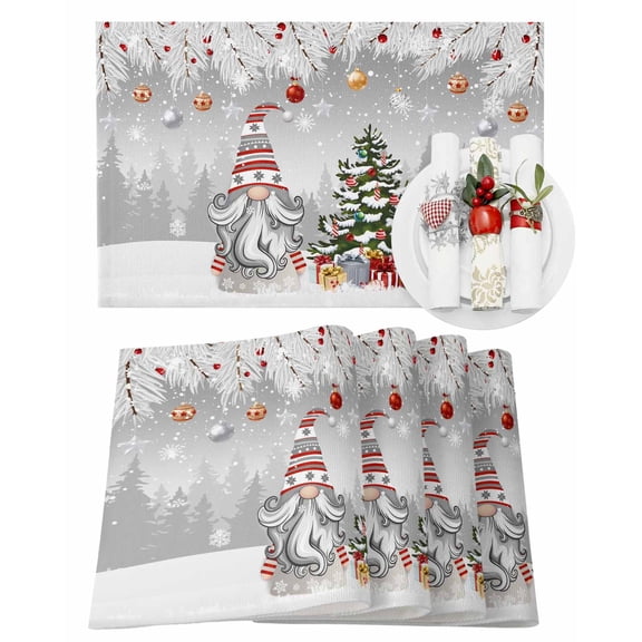 Grey Gnomes Christmas Placemats Set of 1 Xmas Tree Branch Balls Snowflake Heat Insulation Washable Place Mats, Rustic Non-Slip Table Mats for Dining Table Party Kitchen Decor,13x19 Inch
