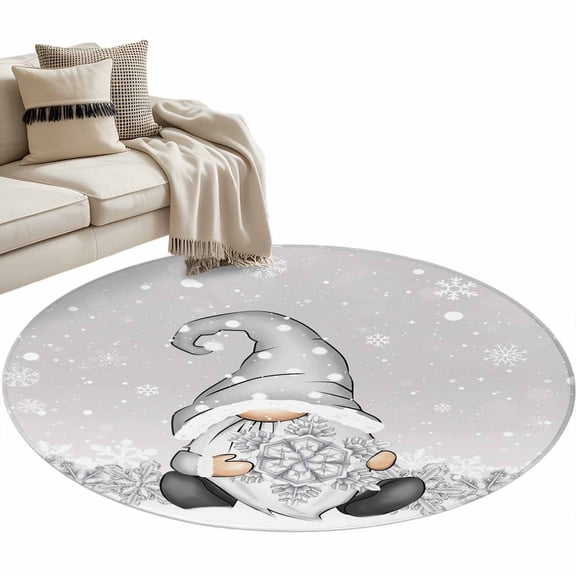 Grey Gnomes Christmas Round Area Rug 3 FT, Small Kitchen Bathroom Mat, Gray Xmas Snowflake Winter Rustic Washable Indoor Outdoor Throw Runner Carpet Doormat for Table Shower Sofa Entryway