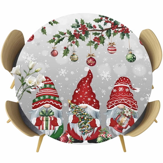 Grey Gnomes Christmas Round Tablecloth, Fitted Table Cover with Elastic for 45"-54" Round Tables, Xmas Ball Gifts Snowflake Table Cloth Outdoor Indoor Dinning Party Waterproof Tablecloths