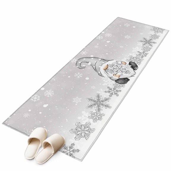 Grey Gnomes Christmas Runner Rug 2x6 FT, Non Slip Hallway Carpet, Gray Xmas Snowflake Winter Rustic Washable Soft Floor Carpet Throw Runner Carpet Long Rug for Entryway Kitchen Bedside Sliding Door