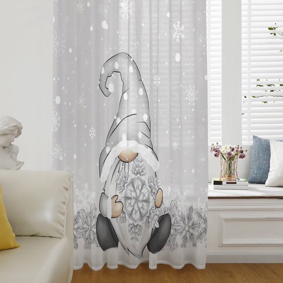 Grey Gnomes Christmas Semi Sheer Curtains Drapes for Living Room,Bedroom,French Doors Window 45 Inches Long,Gray Xmas Snowflake Winter Rustic Rod Pocket Chiffon Curtain Drapery Voile Draperies Panel