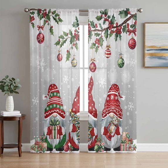 Grey Gnomes Christmas Sheer Curtains 63 Inch Length 2 Panels Set Window Treatments, Xmas Ball Gifts Snowflake Rod Pocket Semi Curtains for Living Room/Bedroom/Kitchen Décor, 104"W x 63"L