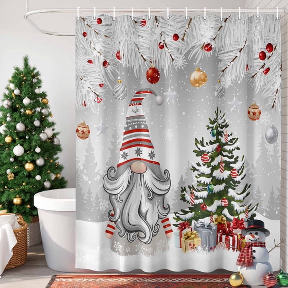 Grey Gnomes Christmas Shower Curtain, 36" x 72", Xmas Tree Branch Balls Snowflake Waterproof Bathroom Curtain Washable Shower Curtain Set with 12 Hooks