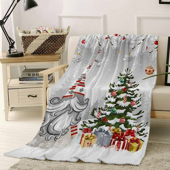 Grey Gnomes Christmas Throw Flannel Blanket 50x60In Xmas Tree Branch Balls Snowflake Super Soft Cozy Bed Blanket, Lightweight Plush Fuzzy Bed Throw for Bedroom Sofa Couch Living Room