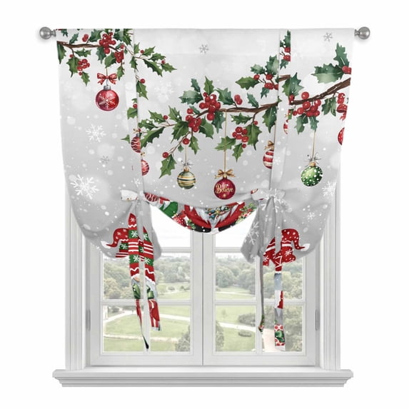 Grey Gnomes Christmas Tie Up Curtains for Windows, Adjustable Balloon Window Shades, Xmas Ball Gifts Snowflake Kitchen Window Treatments Adjustable Roll Up Curtain for Basement/Nursery 52"x45"
