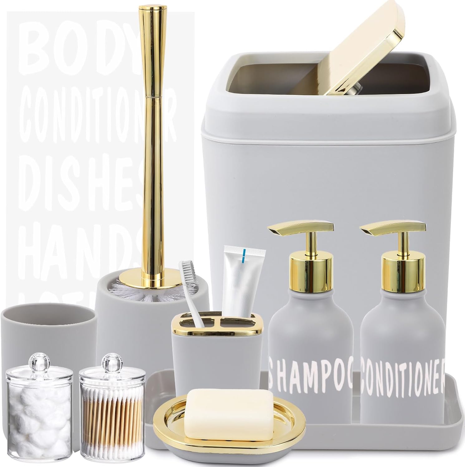 Grey and Gold Bathroom Accessories Set - 10 Piece Bathroom Sets with ...