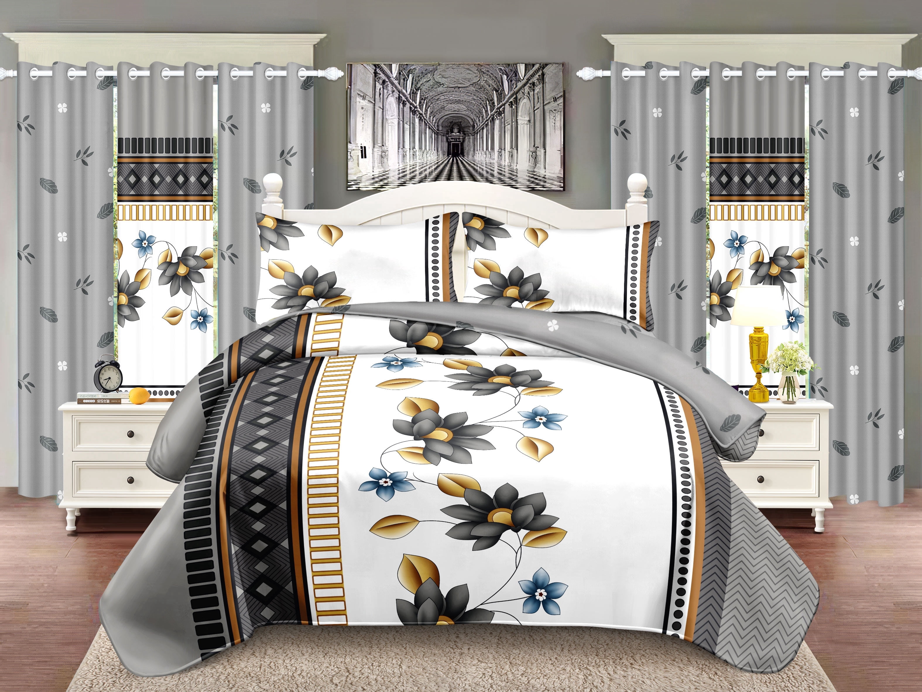 Grey & Gold Floral Geometric 4-Piece Queen Duvet Cover Set – 100% Bamboo Polyester, All-Season Bedding