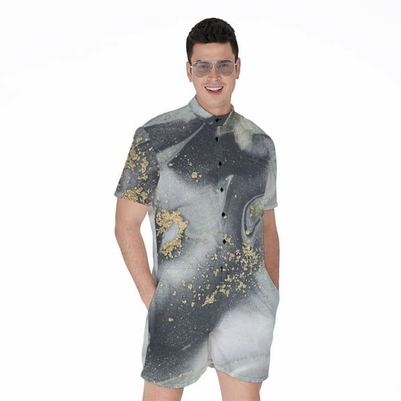 Grey Gold Liquid Marble Short Sleeve Men'S Rompers Casual Summer Jumpsuits Outfit