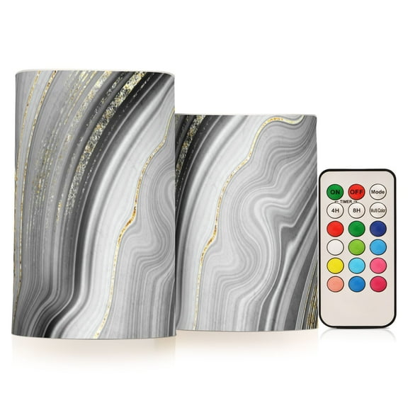 Grey and Gold Marble 2 PCS LED Flickering Flameless Candles with Remote Control Realistic 3D Wick LED Window Candles Sets for Wedding Table Home Decoration Gifts