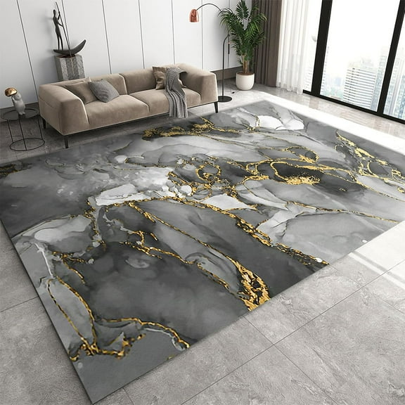 Grey Gold Marble Area Rugs, Abstract Modern Washable Rug, Soft Non-Slip Durable Low Pile Carpet for Living Room Bedroom Office Kitchen Entryway Hallway 2'x3'