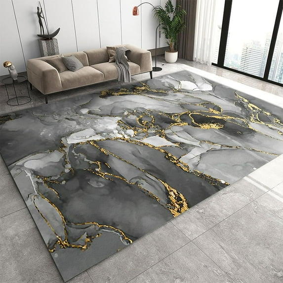 Grey Gold Marble Area Rugs, Abstract Modern Washable Rug, Soft Non-Slip Durable Low Pile Carpet for Living Room Bedroom Office Kitchen Entryway Hallway 3'x5'