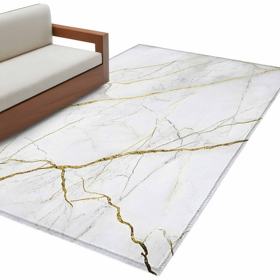 Grey Gold Marble Area Rug 3x5ft Gold Lines Non-Slip Washable Square Rugs Soft Felt Indoor Floor Mat for Bedroom Kitchen Living Room Bathroom