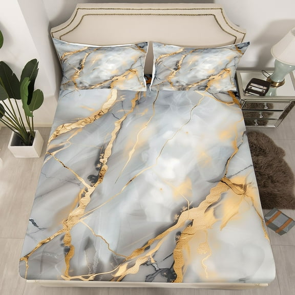 Grey Gold Marble Bed Sheets Full Size For Women Men,Abstract Marble Texture Fitted Sheet Bronzing Sequins Marbling Bedding Set,Gray Retro Marble Art Sheets(No Top Sheet)