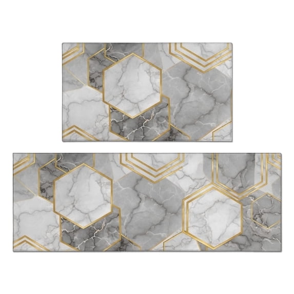 Grey and Gold Marble Pattern Anti Fatigue Kitchen Rugs Set Of 2, Non Slip Washable Decorative Floor Mats for Kitchen Sink Laundry, 17"x30" and 17"x47"
