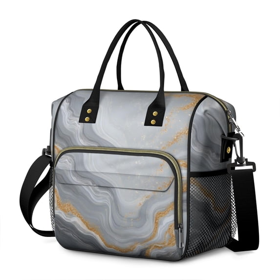 Grey and Gold Marble Pattern Insulated Leakproof Lunch Box for Women, Large Lunch Bag for Tween Teen Adult, Loncheras Para Mujer for Work Beach Travel Picnic Camping