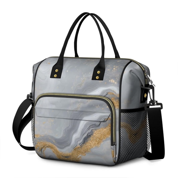 Grey and Gold Marble Pattern Insulated Leakproof Lunch Box for Women, Large Lunch Bag for Tween Teen Adult, Loncheras Para Mujer for Work Beach Travel Picnic Camping